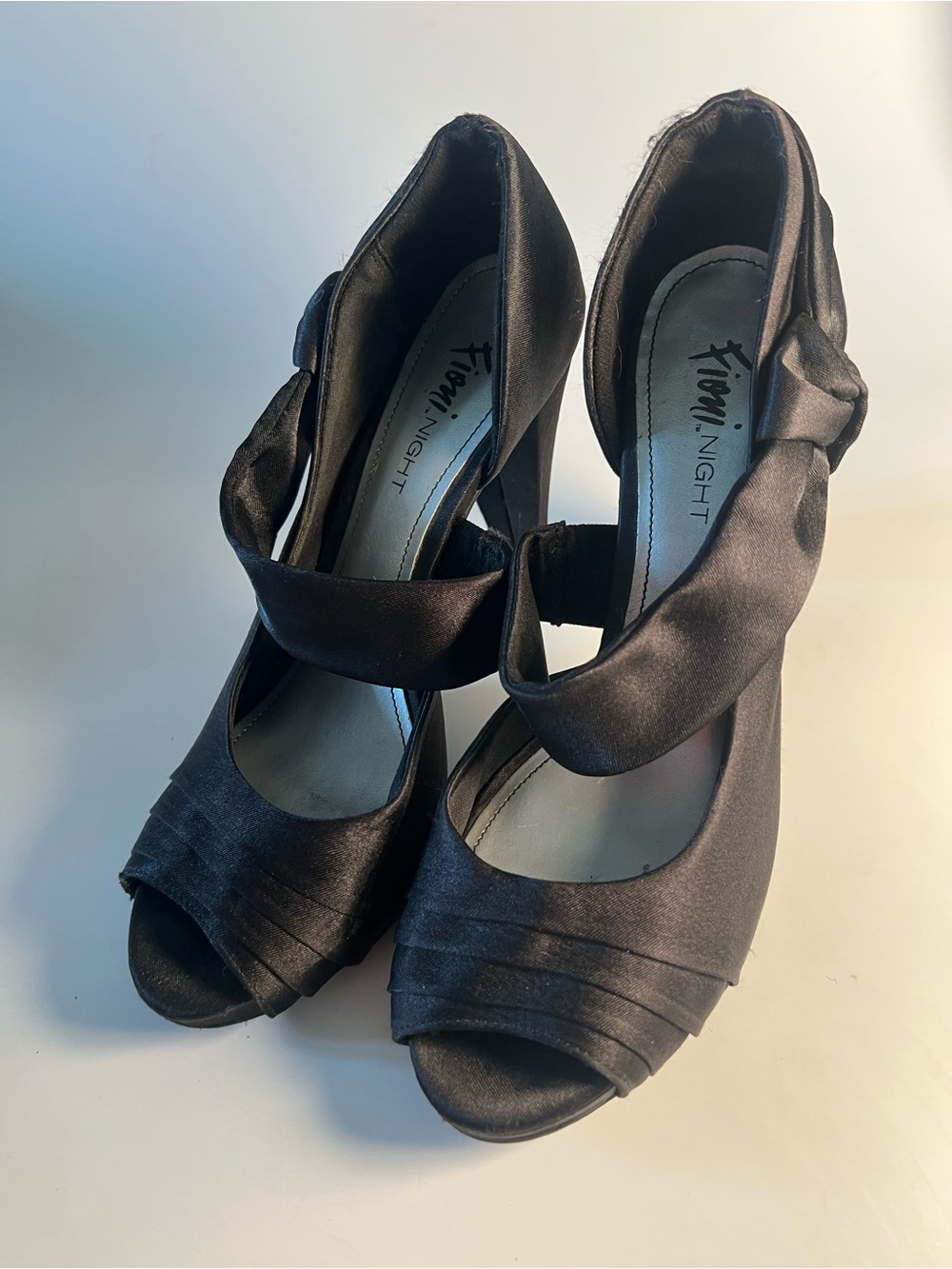 FIONI Night Black Satin Peep-Toe Heels with Ankle Strap Size 9